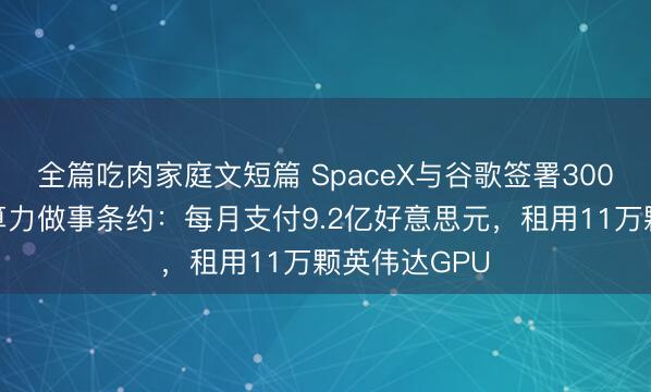 全篇吃肉家庭文短篇 SpaceX与谷歌签署300亿好意思元算力做事条约：每月支付9.2亿好意思元，租用11万颗英伟达GPU